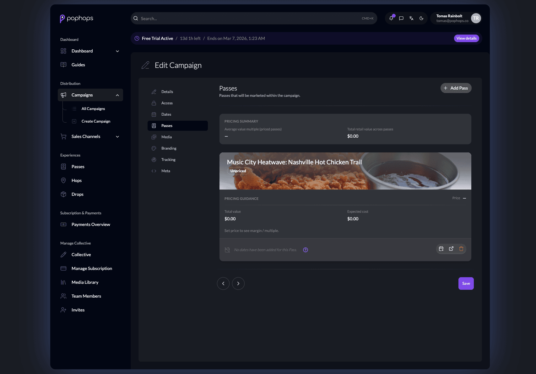 PopHops campaign builder in dark mode