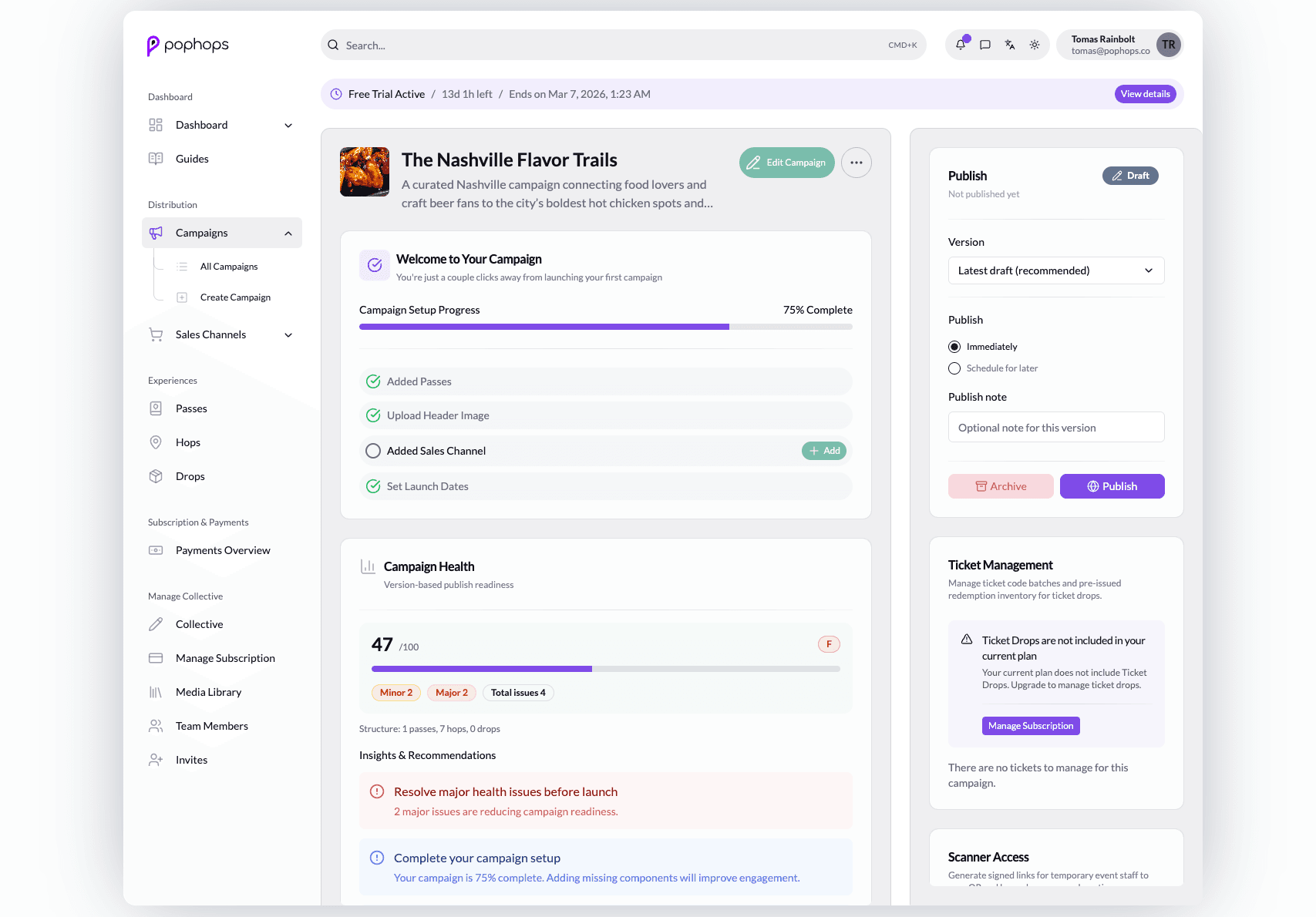 Campaign dashboard showing campaign status and management controls.