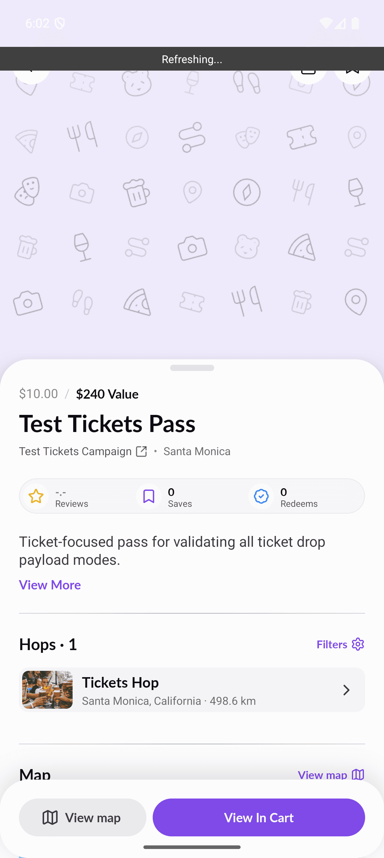 Mobile cart screen with event details, item list, and checkout controls.