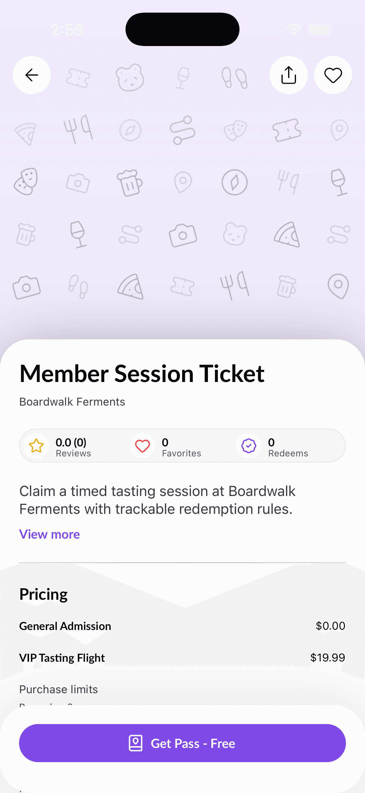 iOS mobile app home screen with a branded pass and supporting actions.