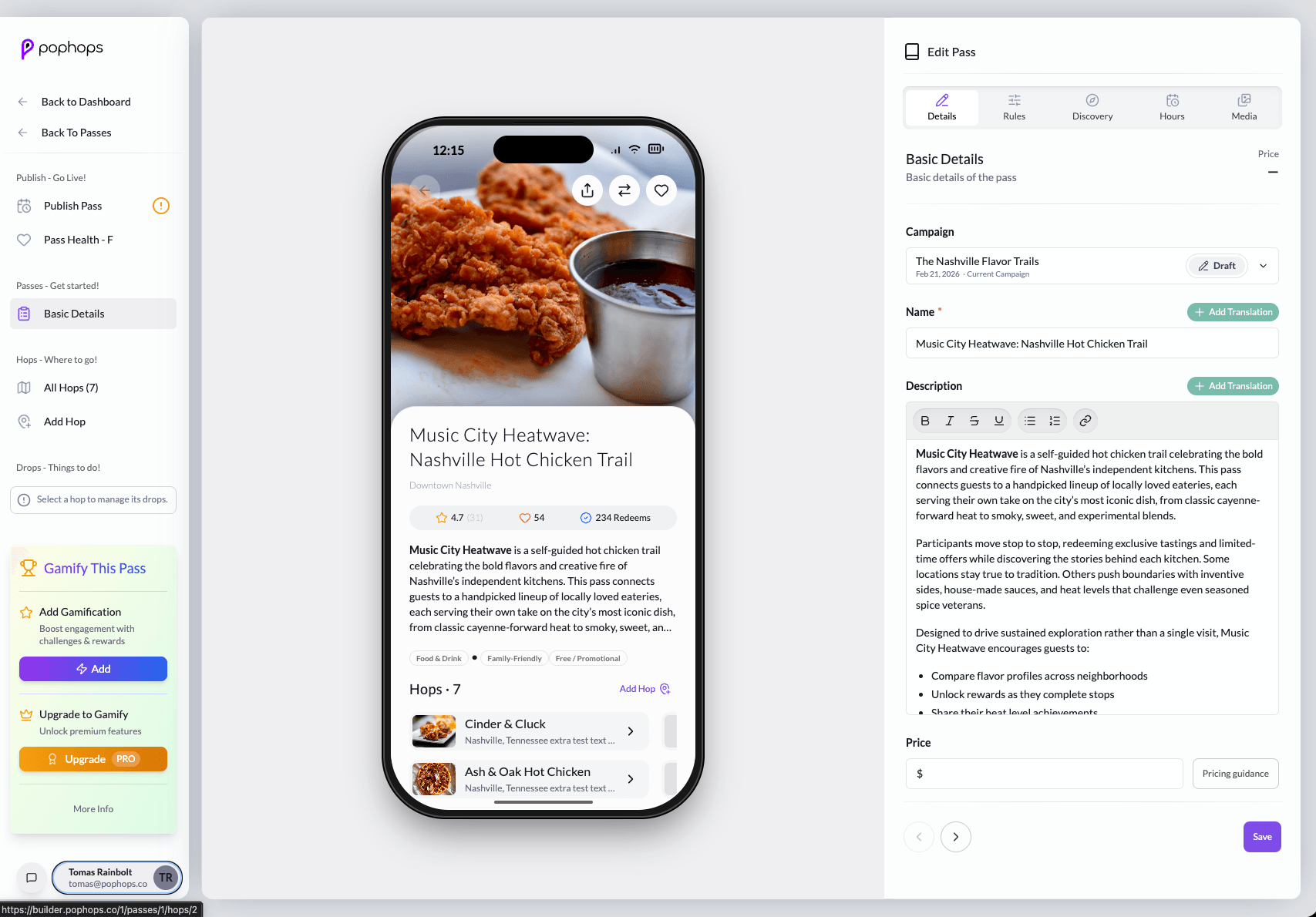 PopHops pass builder with structured editing and a live mobile preview