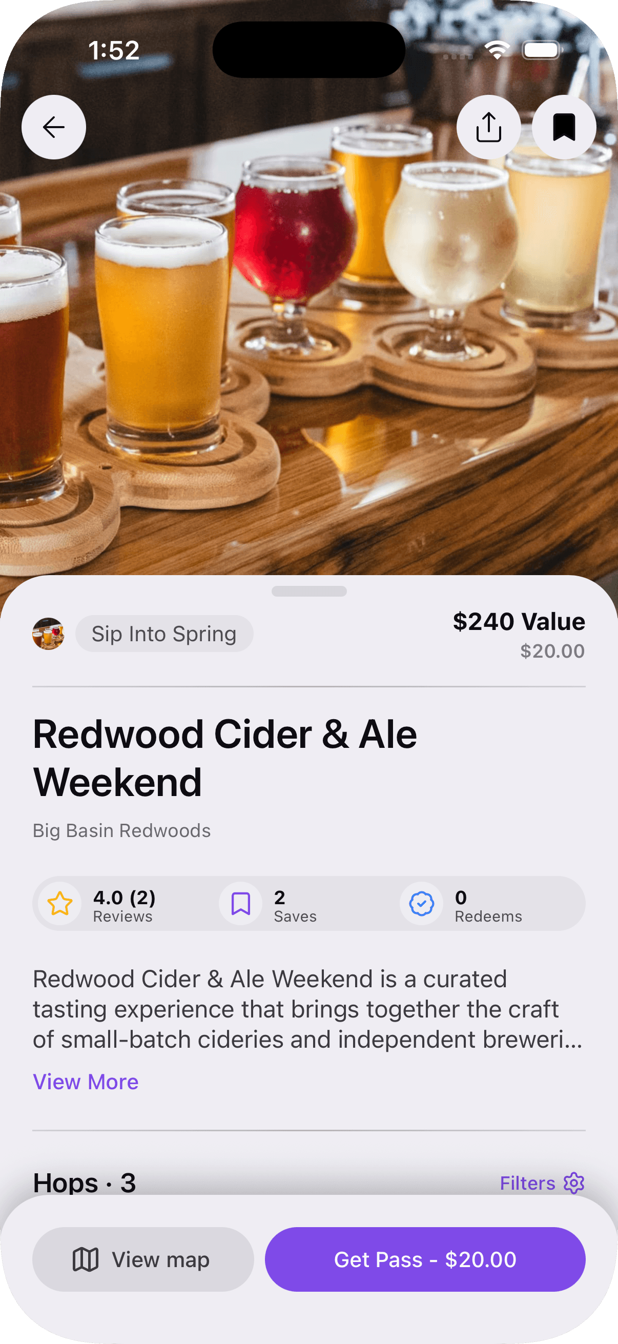 PopHops Redwood Cider and Ale Weekend pass in the native mobile app